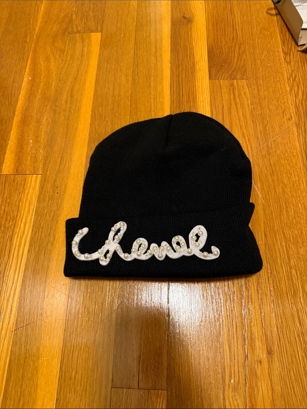 Black Beanie Hat with Embellished Script Logo